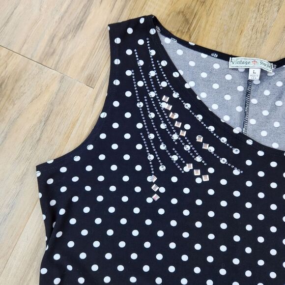💛Vintage Suzie Black w/White Polka Dot Asymmetric Sleeveless Top Large - Picture 5 of 8